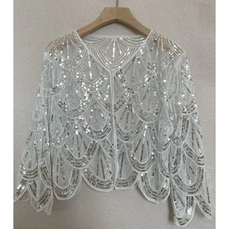 

Fish Scale Pattern Sequins Sheath Aircondition Room Shawl Starry Sky Yarn Vintage Elegant Ethnic Style Cape Warps JJ69