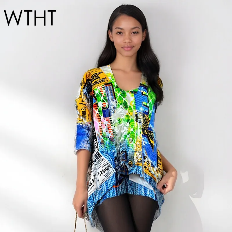 

WTHT модный новый женский свободный вязаный кардиган с нерегулярным принтом и кисточками, зима 2025 года, женский свитер с v-образным вырезом и длинными рукавами 1LS2762