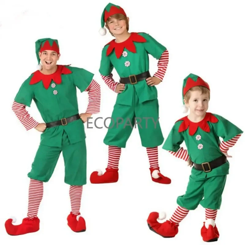 Elf Cosplay Buddy Costume uomo abiti natalizi verdi Halloween Party Fancy Dress Outfit adulti bambino