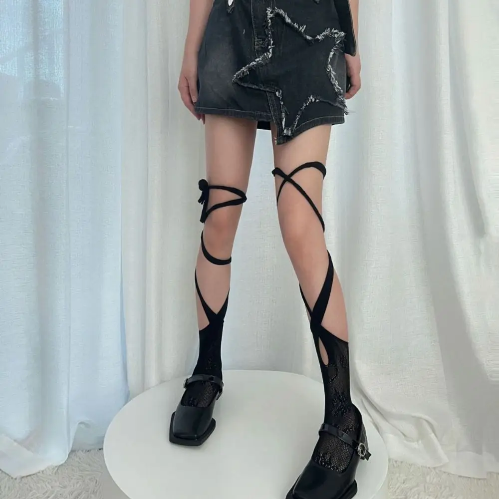 

2Pairs Irregular Straps JK Lace-up Stockings Hollow Spicy Girl Style Mid Tube Socks Women Mesh Fishnet Lolita Lace Stockings