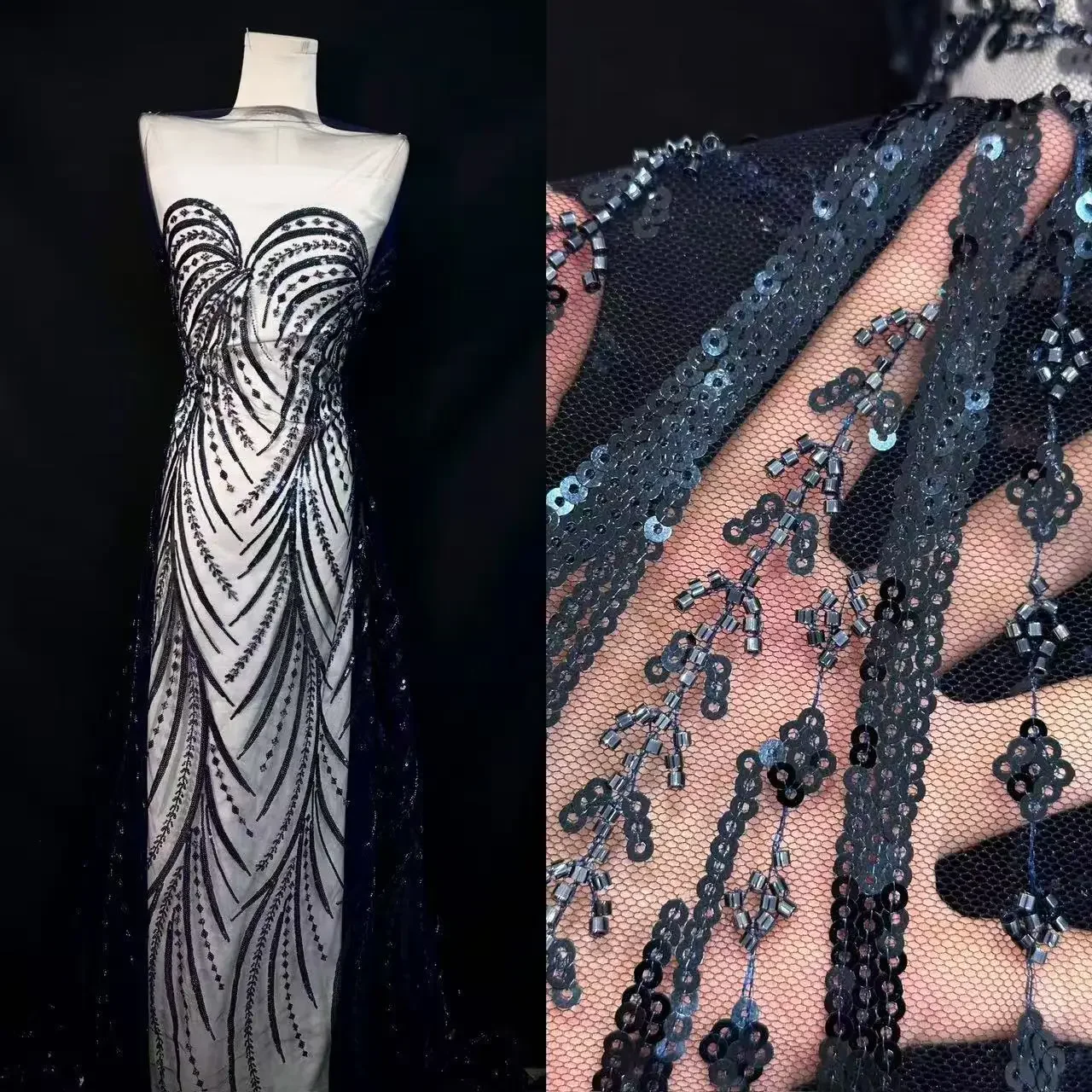 

French fashion sequined lace fabric, African fabric lace wedding dress, luxurious beaded lace, Nigerian mesh sewing