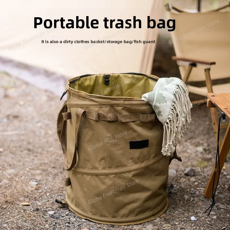 Camping Trash Can Folding Portable with Zippered Lid Reusable Dirty Clothes Basket Recycle Bin for Camping Recycling Picnic