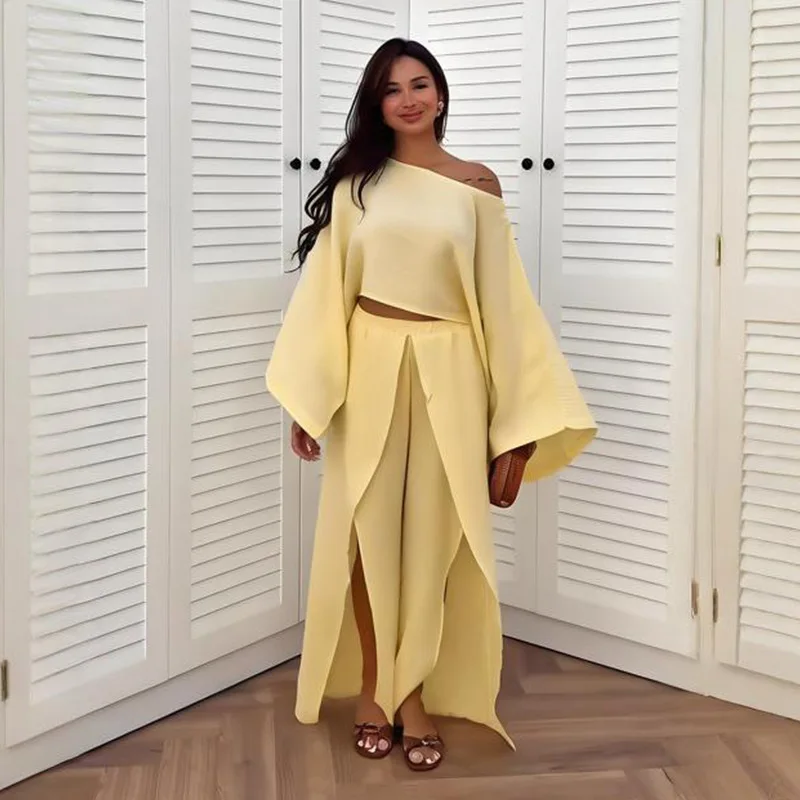 

2025 New Solid Color Long Sleeve Slant Neck One Shoulder Waist Revealing Top Slit Irregular Pants Suit Women Multi Color Options