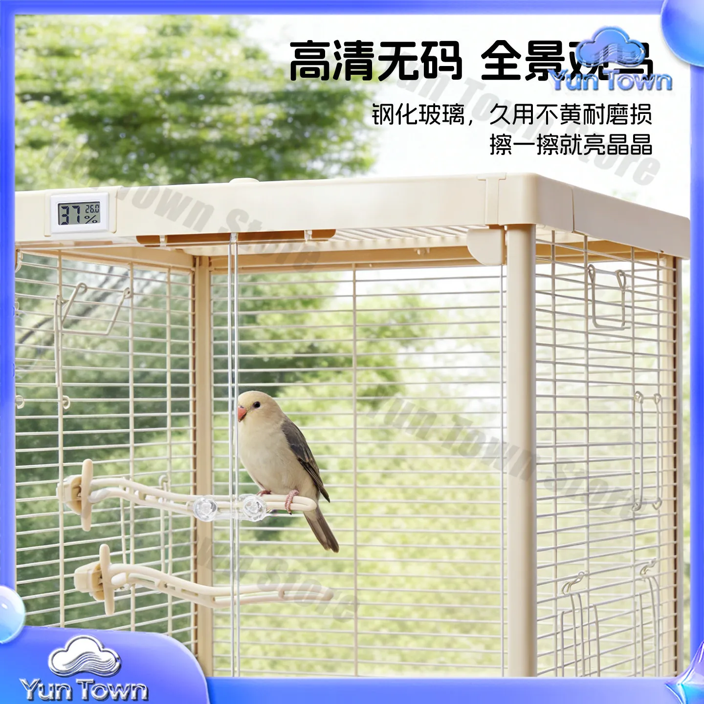 New Style Pet Panoramic High-Transparency Rolling Bird Cage with Splash-Proof Base for Cockatiel Budgie Lovebird Dual-Door