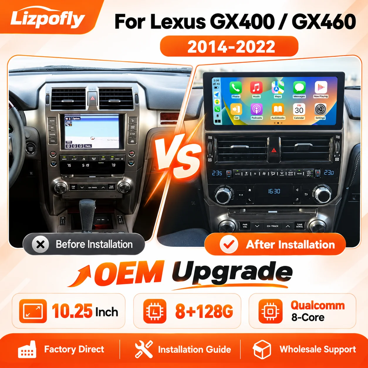 Lizpofly Android Car Radio For Lexus GX GX400 GX460 2014-2022 10.25 Inch GPS Navigation Stereo Multimedia Player CarPlay DSP