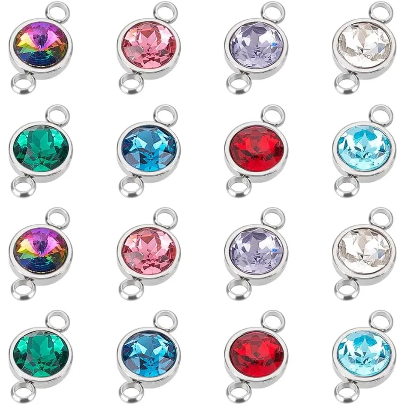 16pcs 8 Colors 2.5mm Hole 304 Stainless Steel Glass Charms Rhinestone Links Connectors Flat Round Birthstone Charm Crystal Glass