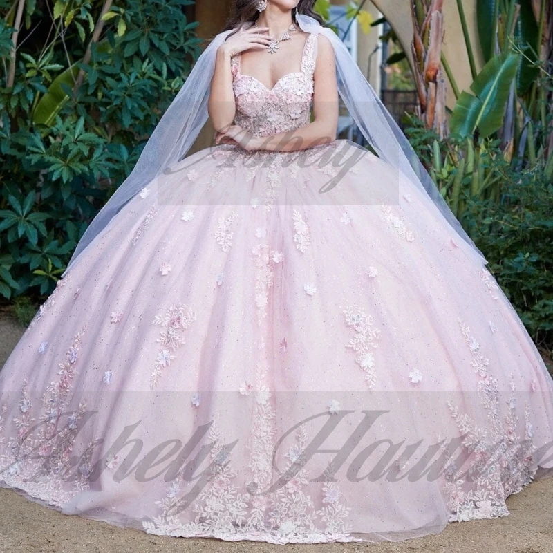 우아한 블러쉬 핑크 공주 소녀 Quinceanera 드레스 레이스 Applique 볼 가운 파티 파티 vestidos de 15 quinceañeras Customized