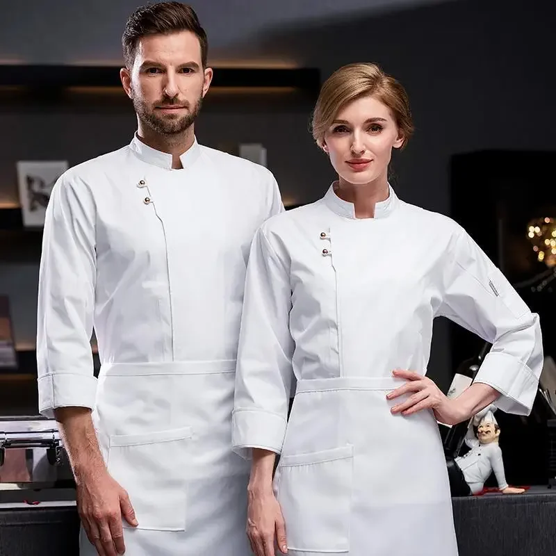 Roupa de trabalho masculina para cozinheiro chefe de manga curta, uniforme longo para restauração, cozinha e restaurante ocidental e ocidental