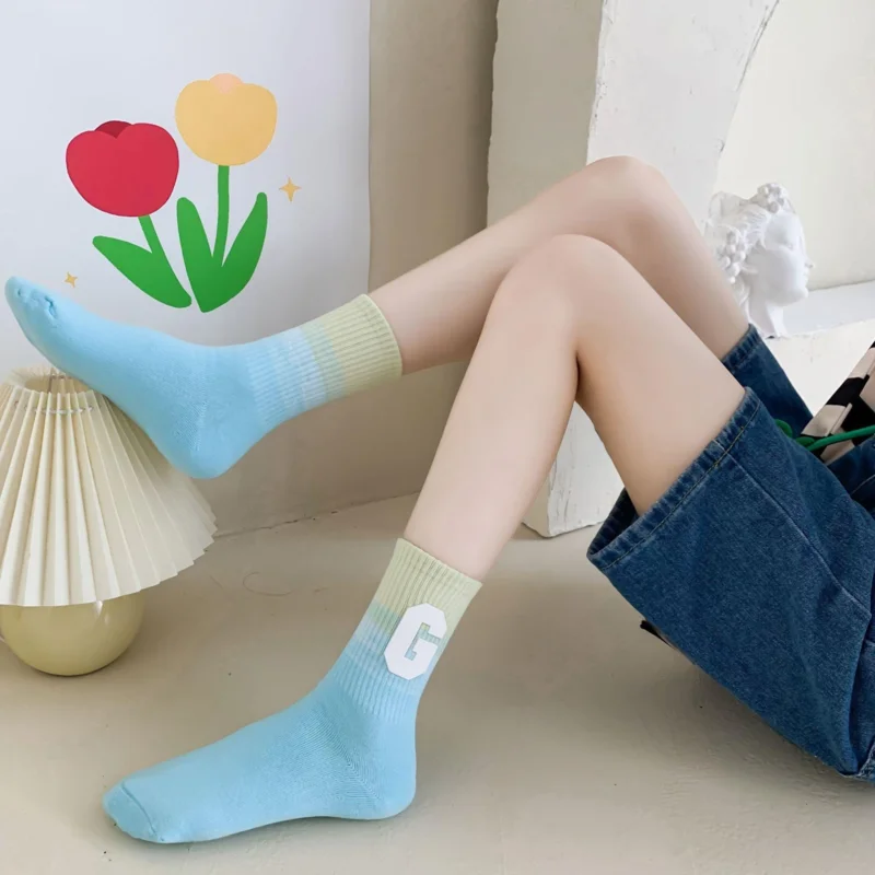 Women'S Stockings Gradient Cotton Long Socks Letter Decoration Absorb Sweat Middle Tube Stockings For Women Sweet Ladies Socks