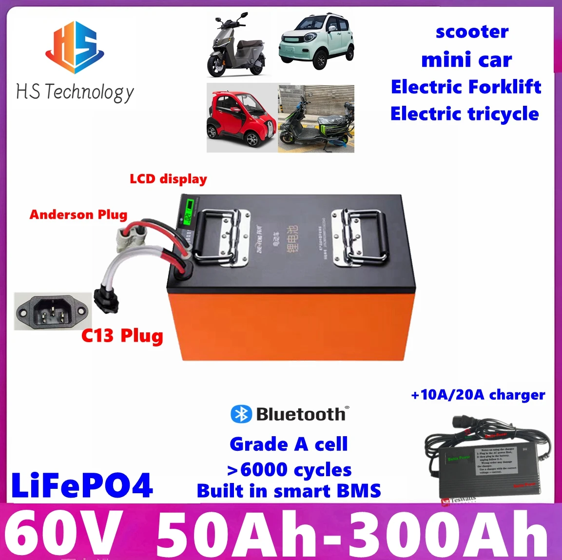 

LiFePO4 Аккумулятор 60 В для скутера, трехколесного велосипеда, мини-автомобиля 100 Ач, 150 Ач, 180 Ач, 200 Ач, 300 Ач, литиевая батарея для 3 кВт, 6 кВт, 10 кВт, 12 кВт, тележки для гольфа, EV