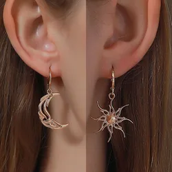 Boucles d'oreilles lune soleil pour femmes, bijoux asymétriques abstraits, couleur or, noir, étoile creuse