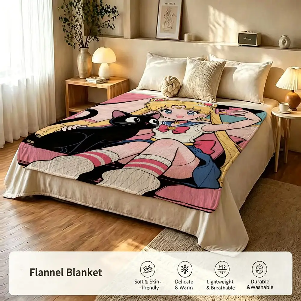 Anime S-Sailor M-Moon Throw Flannel Blanket Suitable for Sofas Beds Offices Travel, Camping Chairs