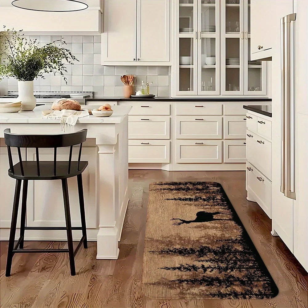 A Vintage Wooden Bottom Deer Pattern Runner Rug Series, Suitable for Home Entryways, Bedside Areas in Bedrooms, Hallway Non-Sl