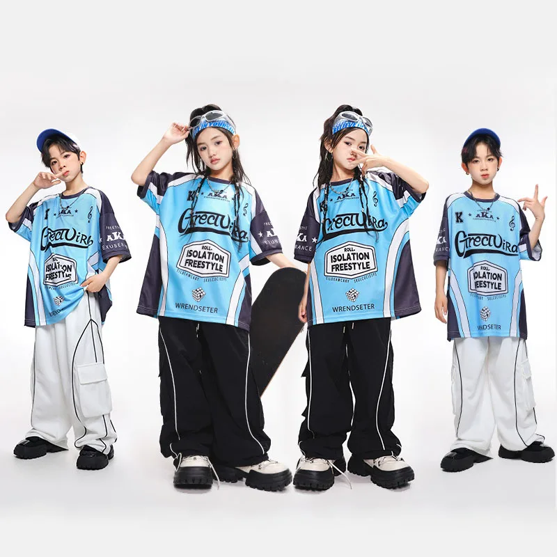 Kid Hip Hop Clothing Blue Letters Print T Shirt Black Casual Pockets Cargo Pants for Girl Boy Jazz Dance Wear Costumes Clothes