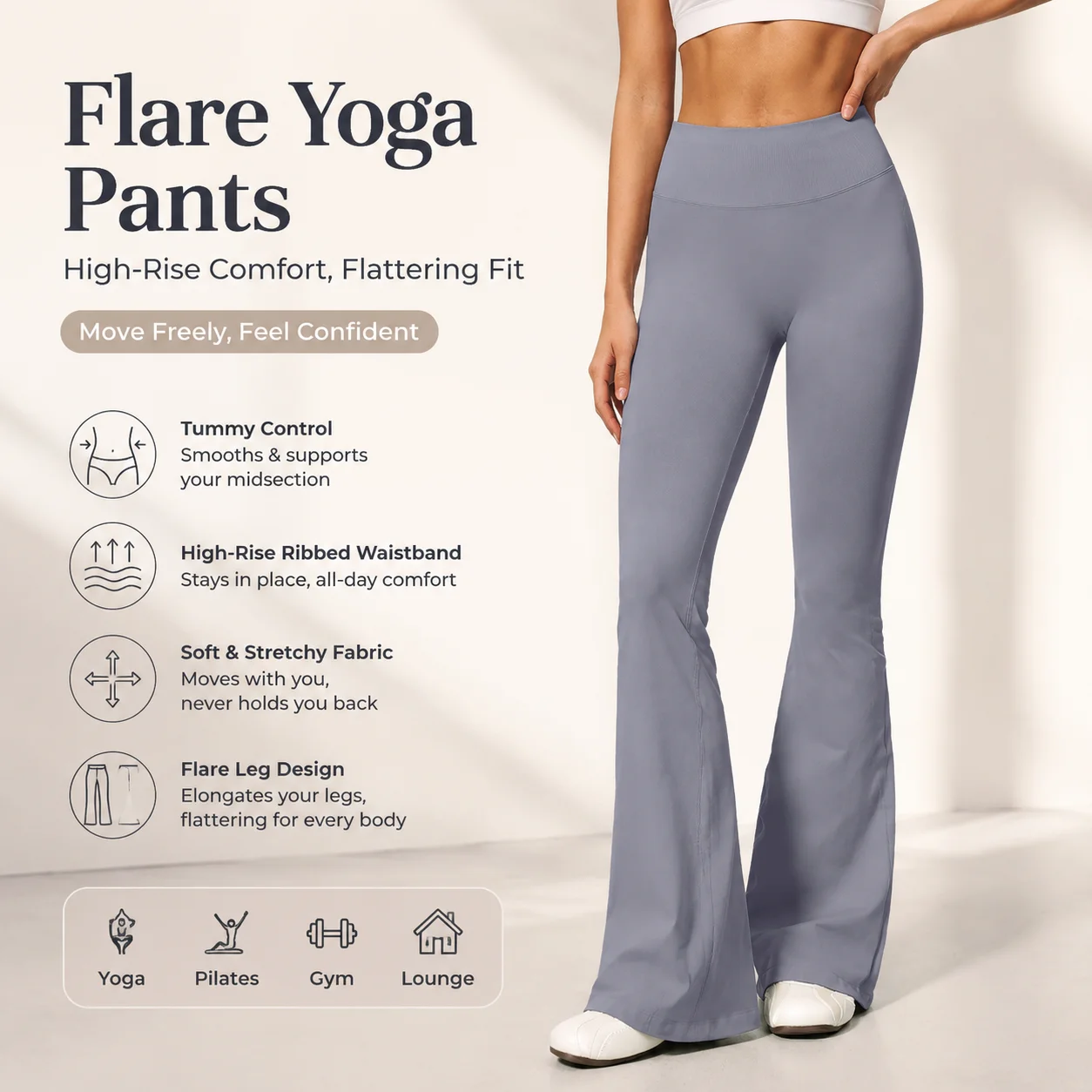 Women's High-Rise Ribbed Waistband Flare Yoga Pants Tummy Control Bootcut Leggings Soft Stretch Lounge Trousers for Gym Pilates