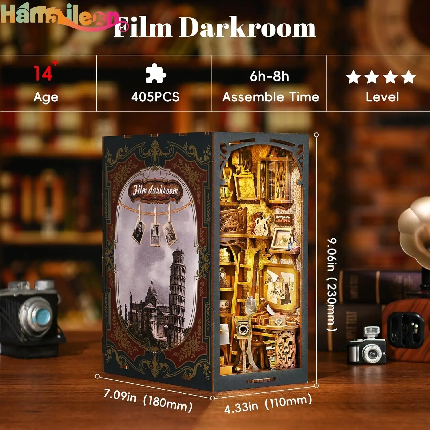 مجموعة زاوية كتب Hamaileon DIY، رف كتب لبيت الدمى، غرفة ألغاز خشبية ثلاثية الأبعاد مع ضوء LED للبالغين (غرفة مظلمة للفيلم)