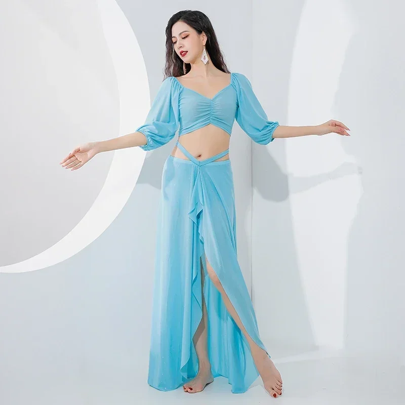 

Belly Dance Practice Clothes Winter New Oriental Dance Clothes mesh High-end Performance Clothes Long Skirt Suit Female