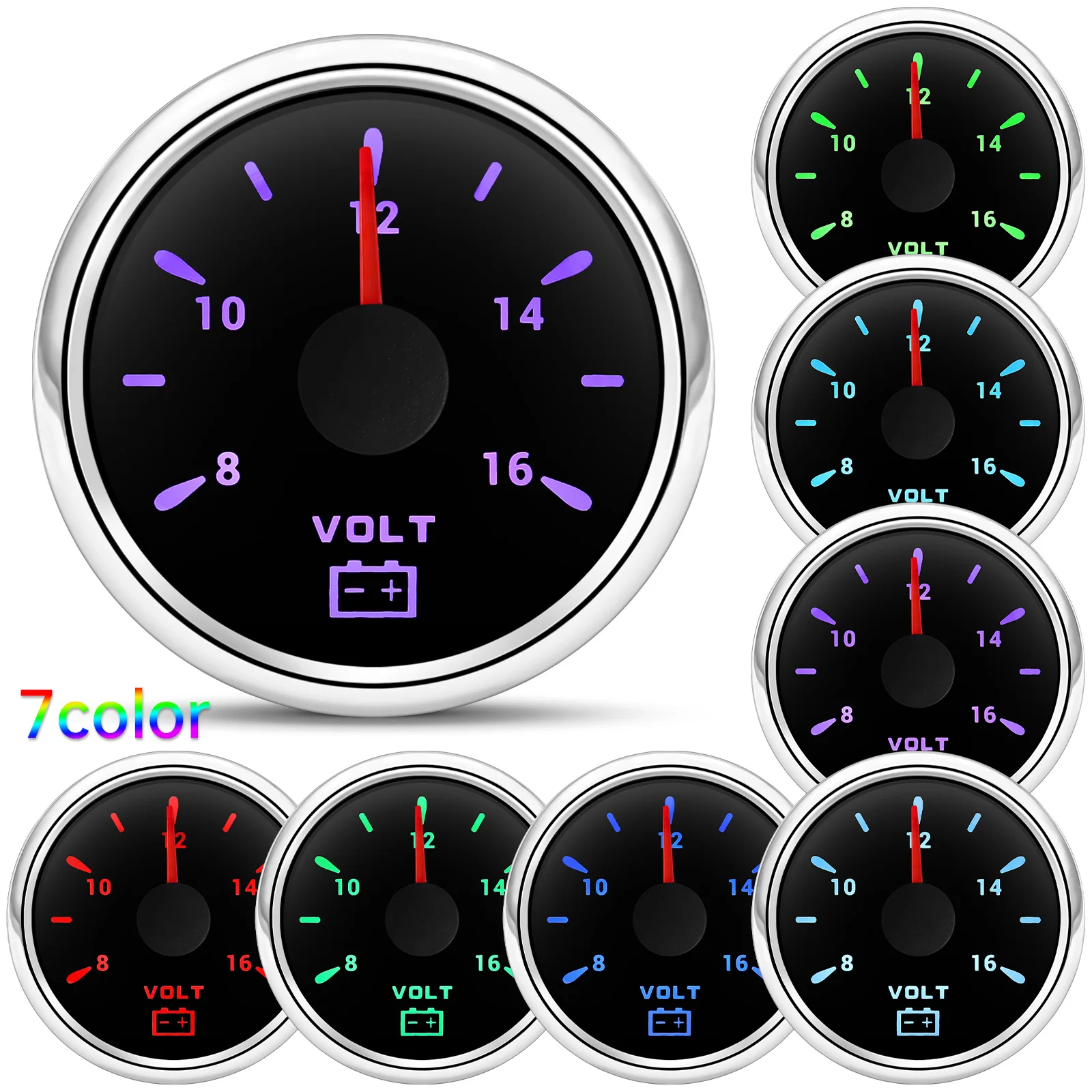 52mm Voltmeter Marine Voltage Gauge Boat Car Volt Gauge 7 Colors Backlight Waterproof Indicator 8~16V Voltmeter Digital Ammeter