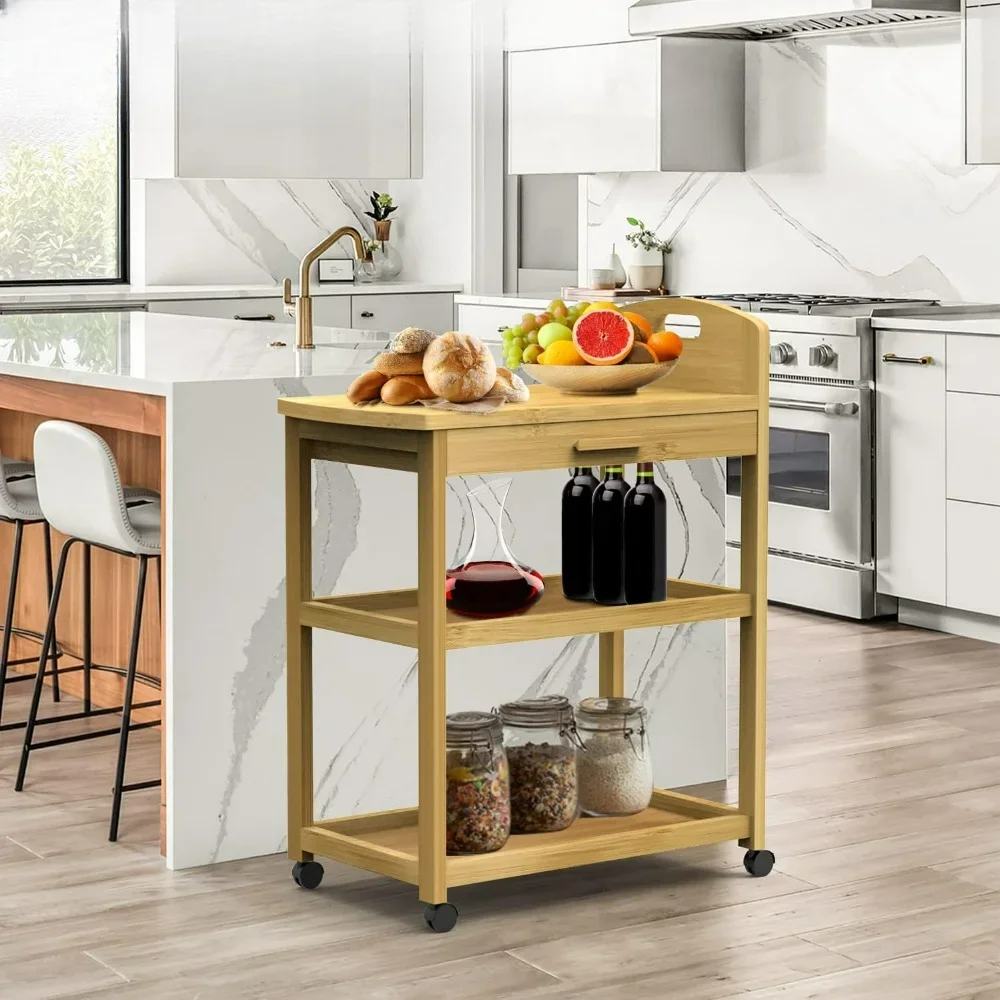 Bamboo Kitchen Storage Cart, 3 Tier Rolling Cart, Mobile Utility Cart Trolley with Drawer and Lockable Casters for Home Kitchen