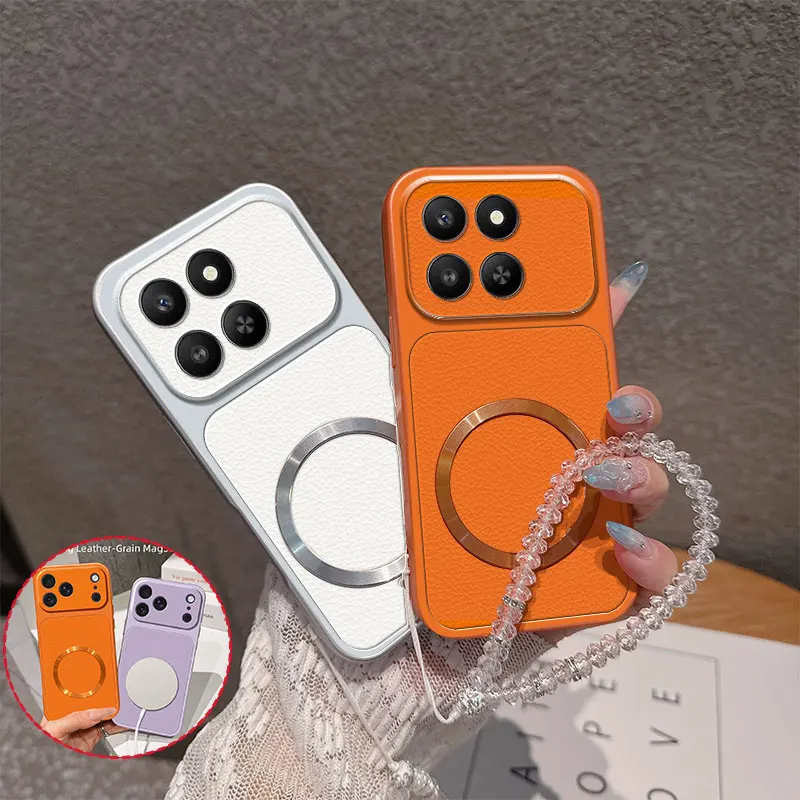 Luxury Vintage PU Lychee Leather with Magnetic Circle Crystal Beaded Strap TPU Phone Case For Honor 400 Smart X7d 5G Back Cover