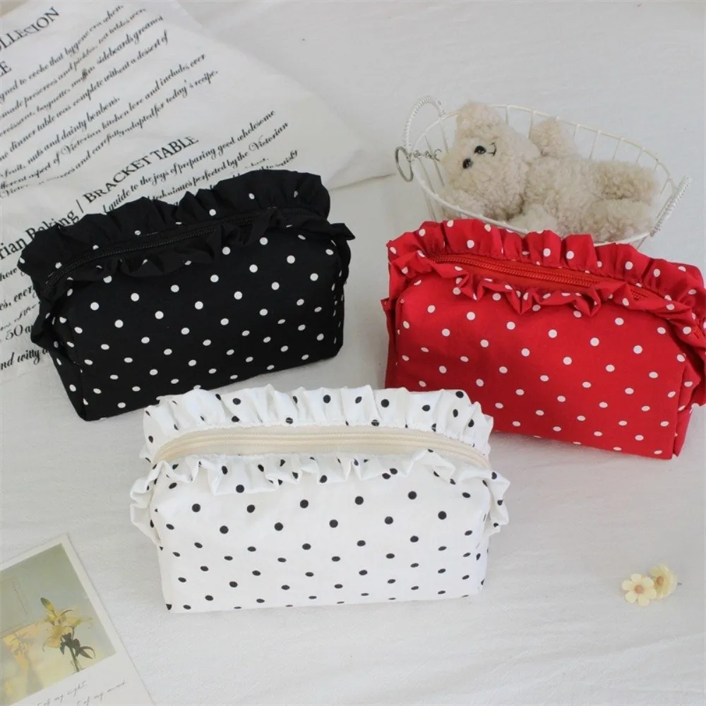 Polka Dot Cosmetic Bag Ruffle Edge Decor Multi-use Makeup Pouch Portable Minimalist Design Skincare Organizer For Students