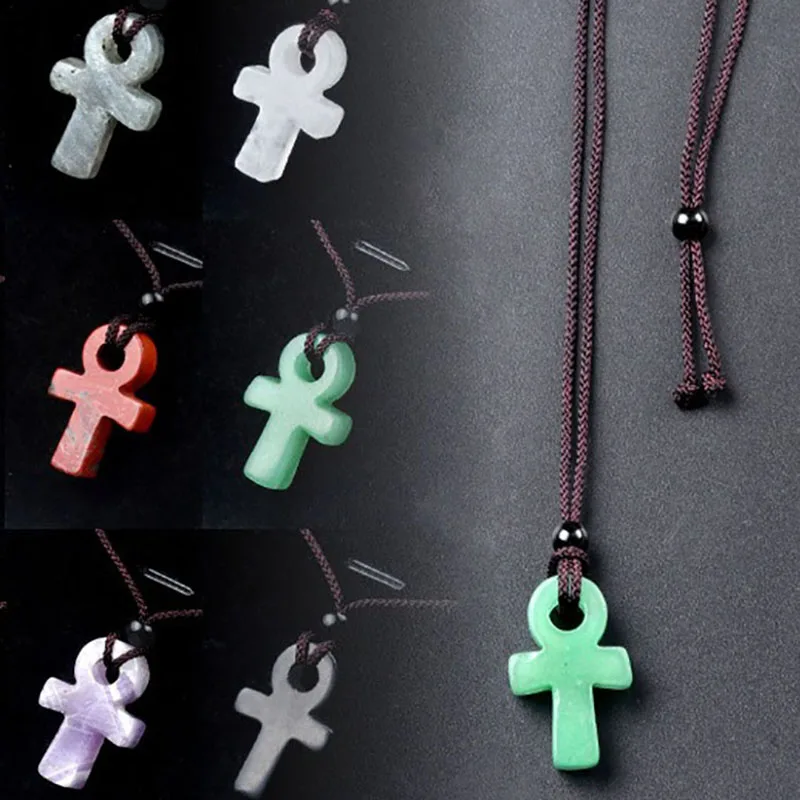 Ancient Egyptian Ankh Cross Engraved Natural Agate Stone Amulet Pendant Necklace Adjustable Wave Necklaces Unisex NaturalCrystal