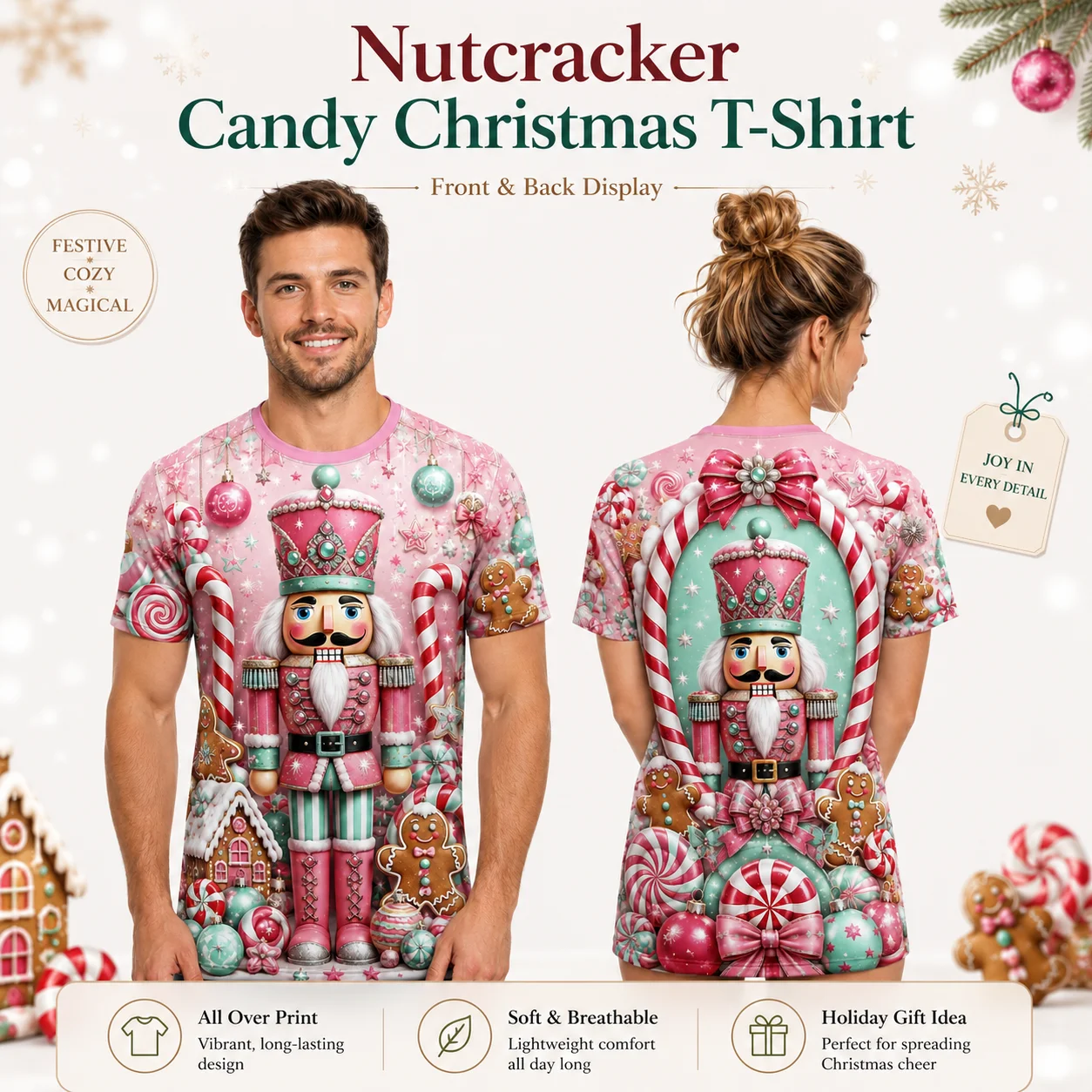 Nutcracker Christmas T Shirt 3D All Over Print Candy Soldier Unisex Short Sleeve Holiday Party Graphic Tee Xmas Gift Men Women