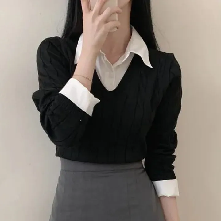 Women's Knitted Long Sleeve Sweater Spring Autumn 2026 New Style Twist Fake Two-Piece Top Korean Japanese Retro Design