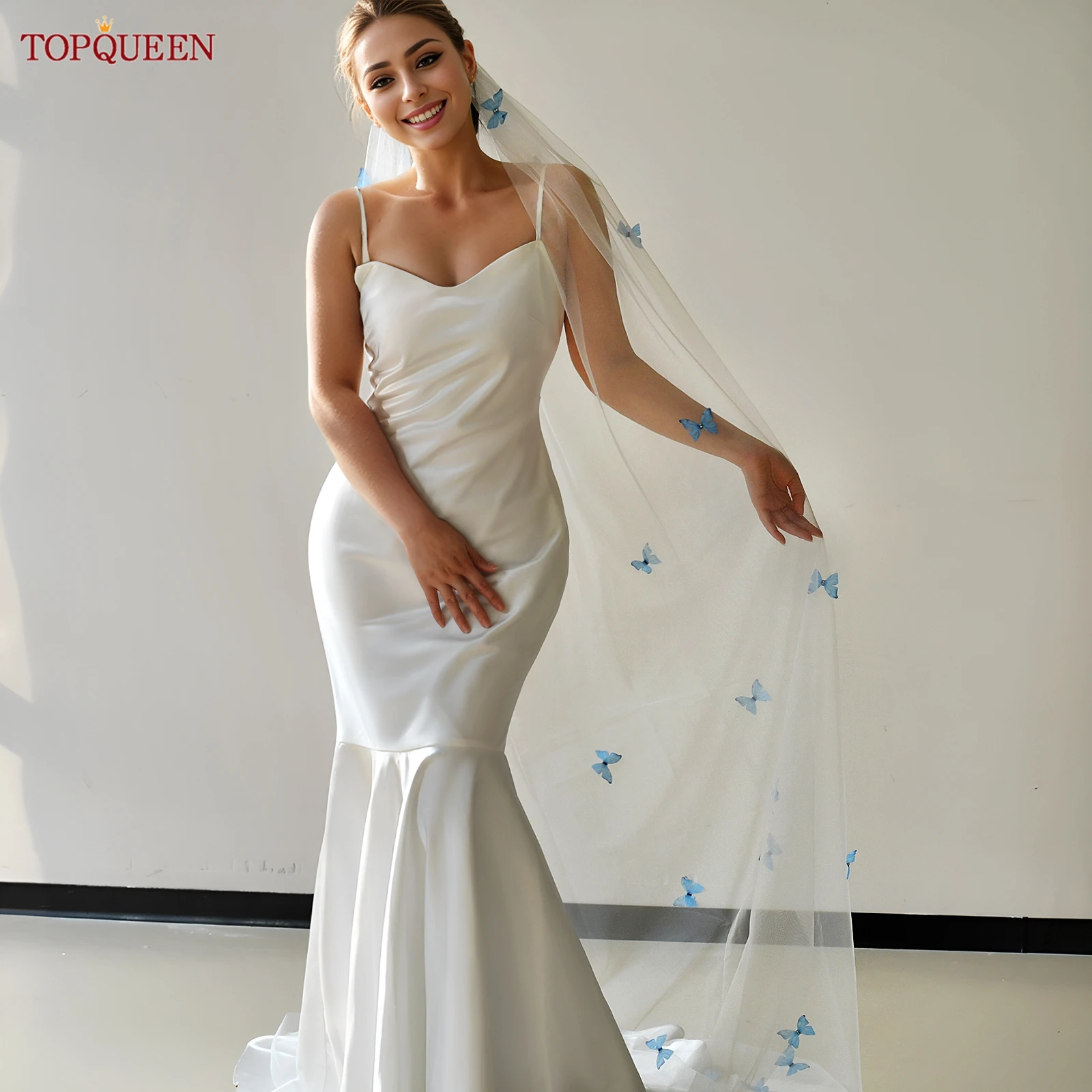 TOPQUEEN ثلاثية الأبعاد فراشة طرحة زفاف جميلة الأزرق فراشة الحجاب الزفاف 3 متر اكسسوارات الزفاف للتخصيص M110 #3