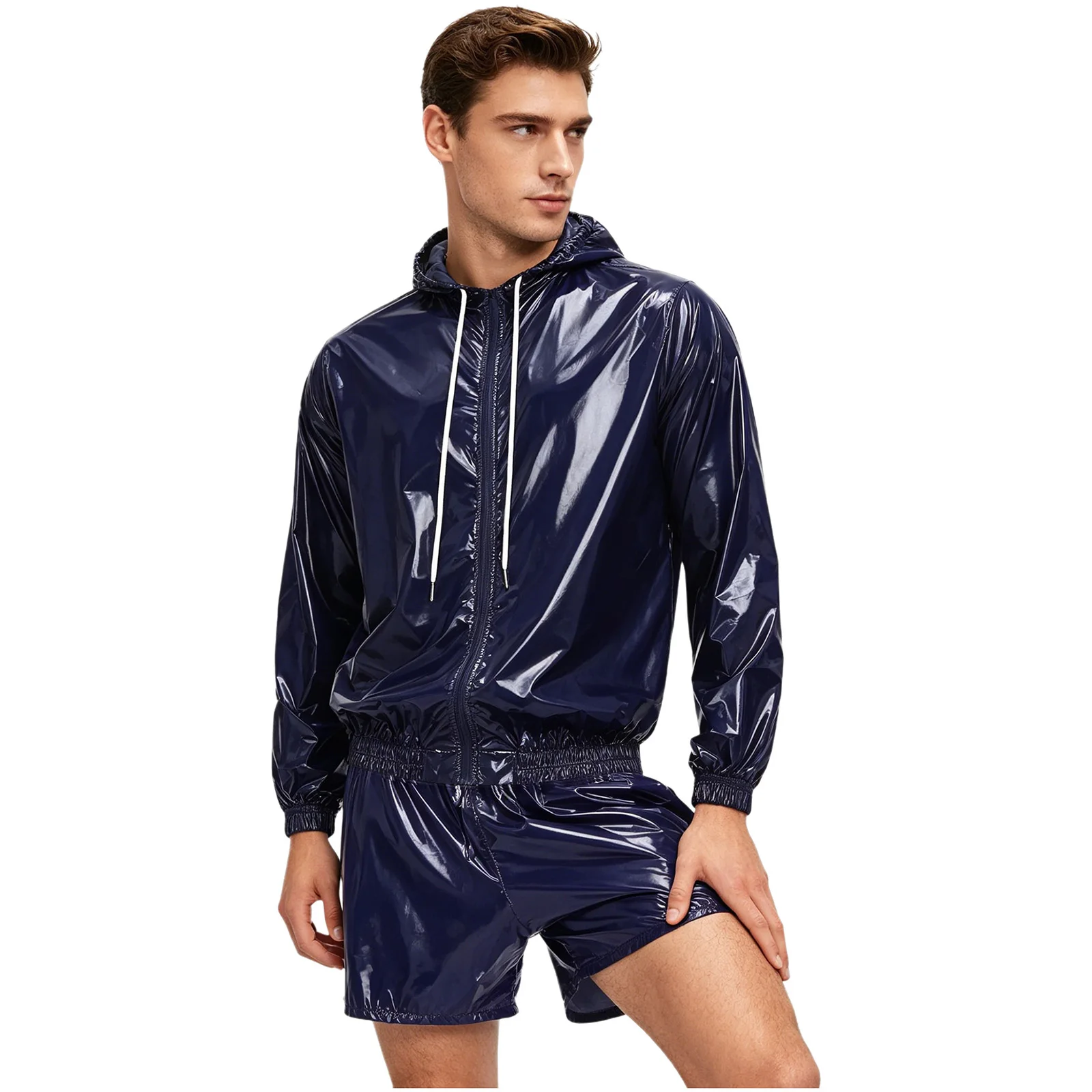 Men Waterproof Swimming Workout Outfit Long Sleeve Zip-up Hooded Jacket Windbreaker And Built-in Briefs Boxer Shorts Sweat Suit
