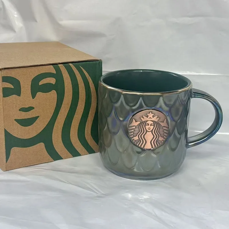 Caneca Cerâmica Iridescente Teal de 400ml da Starbucks com Logo Siren em Ouro Rosa