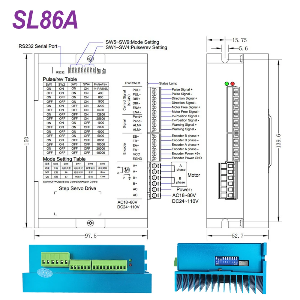 MHCN NEW Hybrid Servo Driver HBS860H / HBS86H / SL86A 20-80V DC 30-110V 8A For Nema34 Close Loop Servo Motor