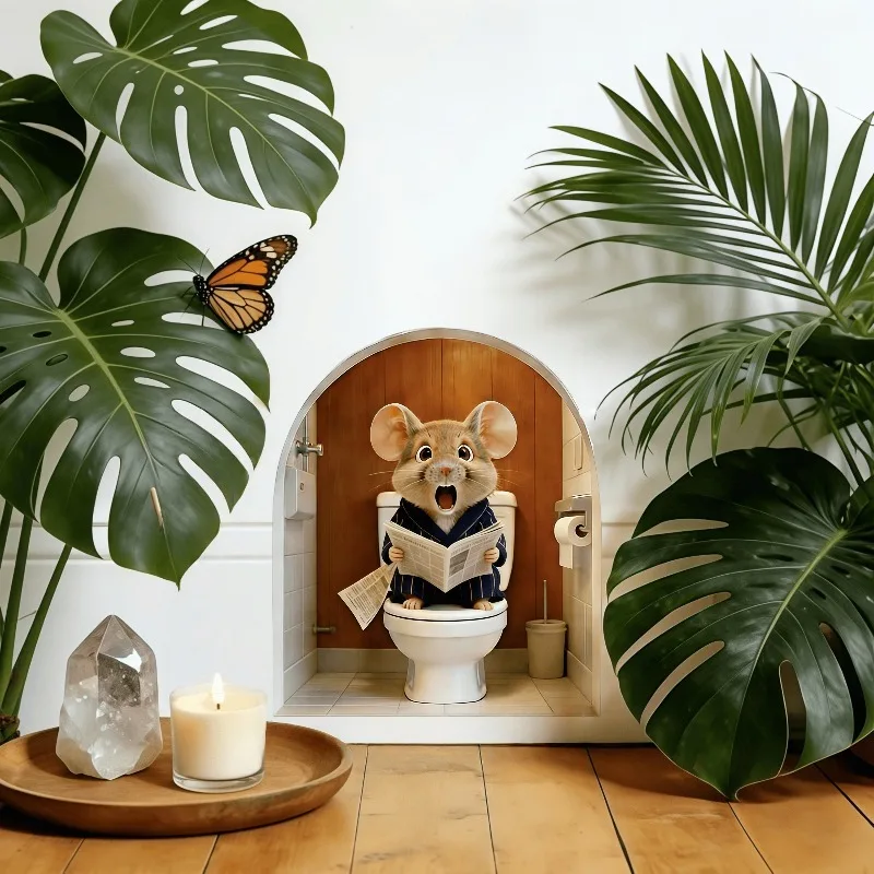 Cute Mouse Toilet Trip Wall Stickers Animal PVC Home Art Decor Fun Water-Proof Wall Decals B117