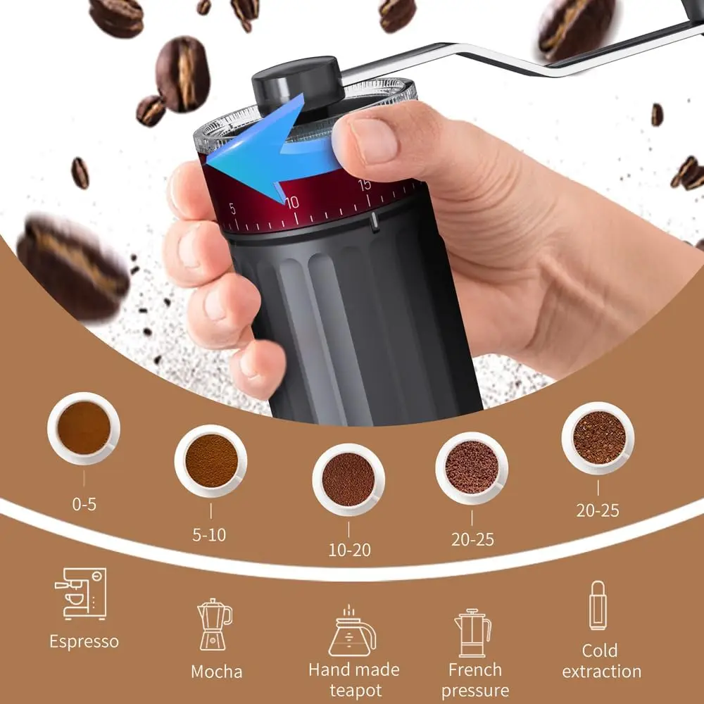 Manual Coffee Grinder with 40 External Adjustments Hand Crank Bean Grinder for Espresso Pour Over French Press Travel Camping