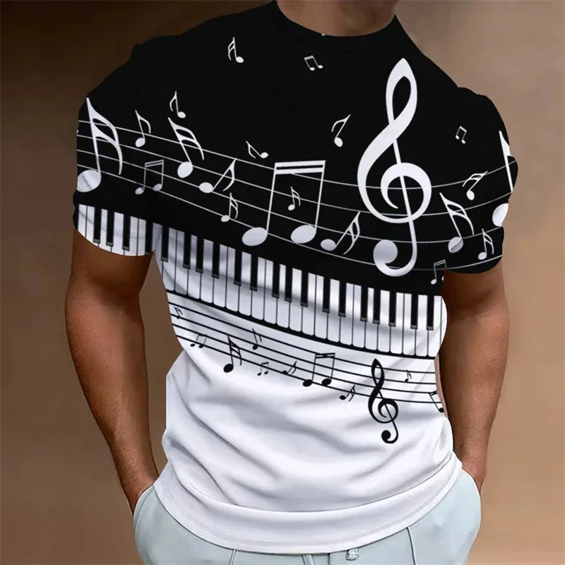 3D Printed Vintage T-Shirt For Men Musical Notes Pattern T Shirts Summer Casual Oversized Tees Round Neck Tops Short Sleeves