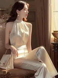 Holiday Outfits White Pant Sets for Women 2 Pieces Satin Summer 2024 Wide Leg Silk Sexy Trousers Woman Tailor Top and Bottom D