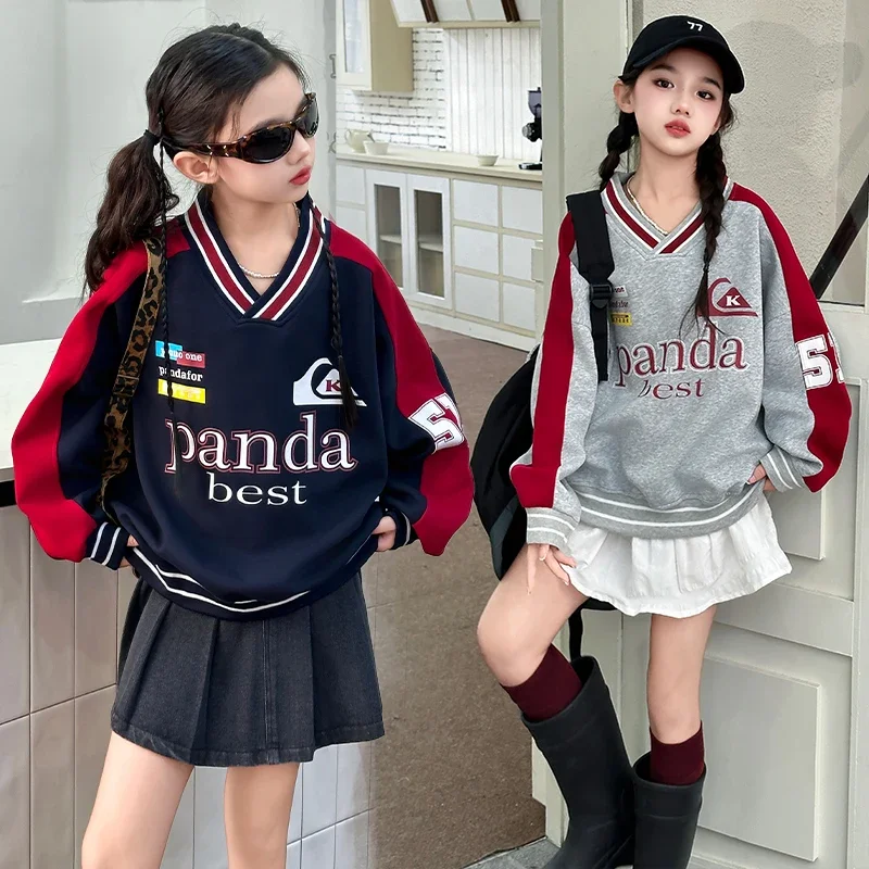 

autumn new teenage boys girls American sweatshirt 4 6 8 10 12 14 V-neck letter loose casual tops children clothes Sports shirt