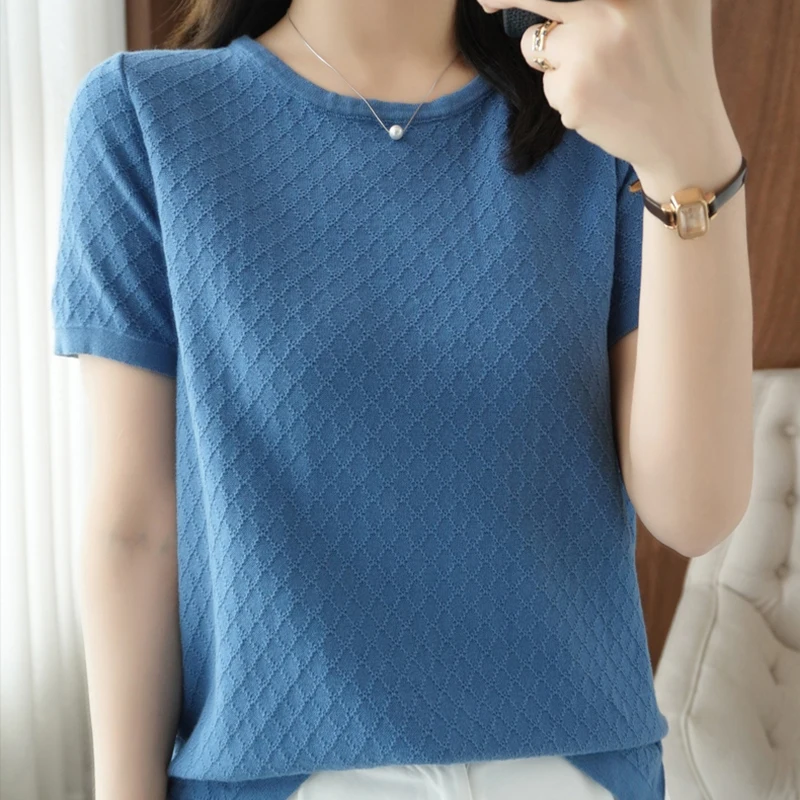 Plaid Knitted T Shirt Women Short Sleeve O-Neck Tee Shirt Korean Fashion Womens Clothing T Shirts Summer Tops Camisetas Mujer