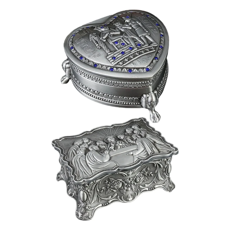 Rose Embossed Metal Square Jewelry Box Decorative Antique Top Case