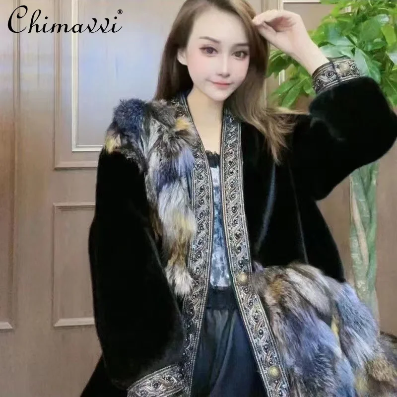 2024 Winter New High-End Fox Fur Jacket Heavy Industry Beaded Long Sleeve Loose Thick Slimming Temperament Women's Fur Coat