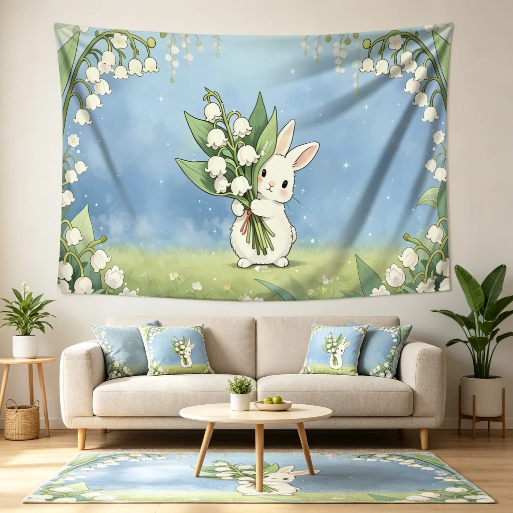 1PC Cartoon Bunny Lily of Valley Art Print Backdrop Banner, Bedroom Living Room Photo Background, Polyester, Home Decor, Wall Ar