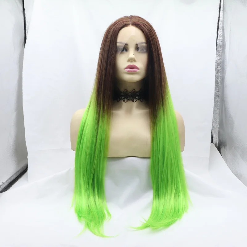 

Front lace synthetic fiber wig in matte brown-green, high-temperature silk, comfortable rose net, long straight hair