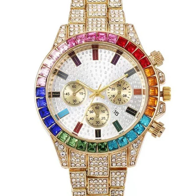 Relojes de pulsera de cuarzo coloridos para hombre, cronógrafo de lujo con diamantes de imitación, calendario, regalo