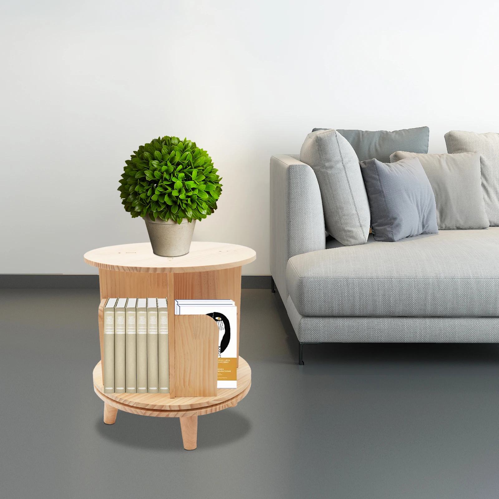 Freestanding Wooden Single-Layer Rotating Bookshelf with Legs - Single Layer, Legged Design