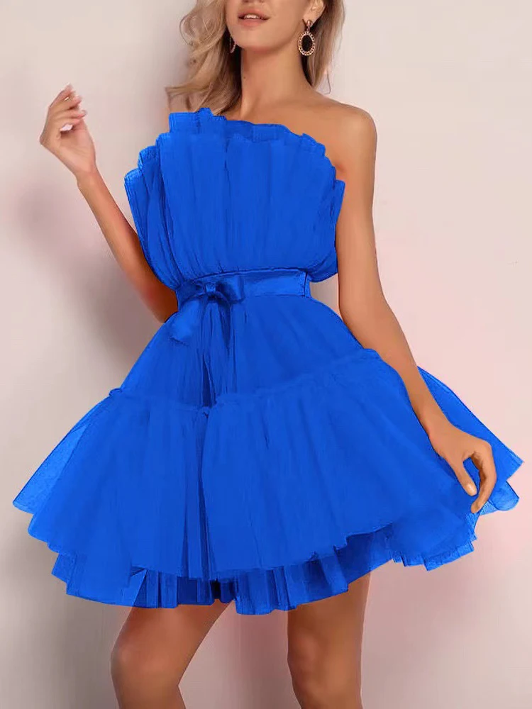 Mùa Hè Trễ Vai Lưới Hở Lưng Tutu Voan Lolita Xếp Ly Áo Nữ Dây Ngày BẦU ĐẦM Vestidos