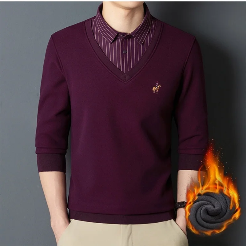 

Plus size Mens Plush Sweater Autumn Winter Fake Two Piece Pullover Polo Collar Fleece Thick Warm Knitted Sweater Casual Jumpers