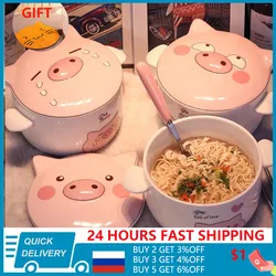 Ceramic Ramen Rice Bowl Cute Kawaii Cartoon Pig Instant Noodle Bowl  Fruit Salad Soup Bowls Mug Tableware Kitchen Accessories