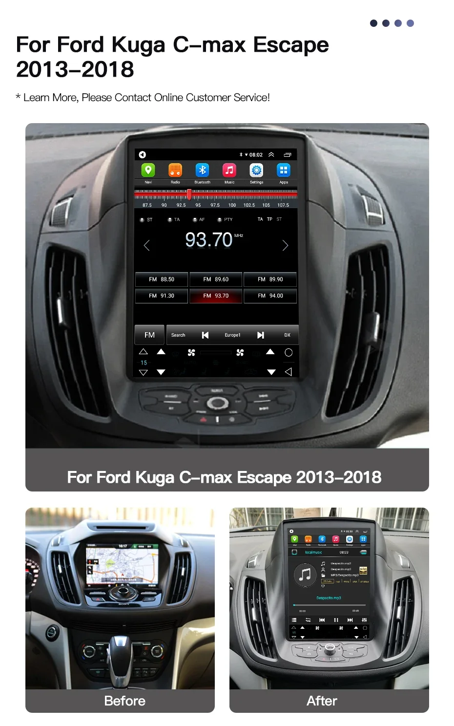 Car Radio Touch Screen For Ford Kuga 2 Escape 3 C-MAX 2012-2019 Android Multimedia Player CarPlay Auto Stereo GPS DSP 4G WiFi