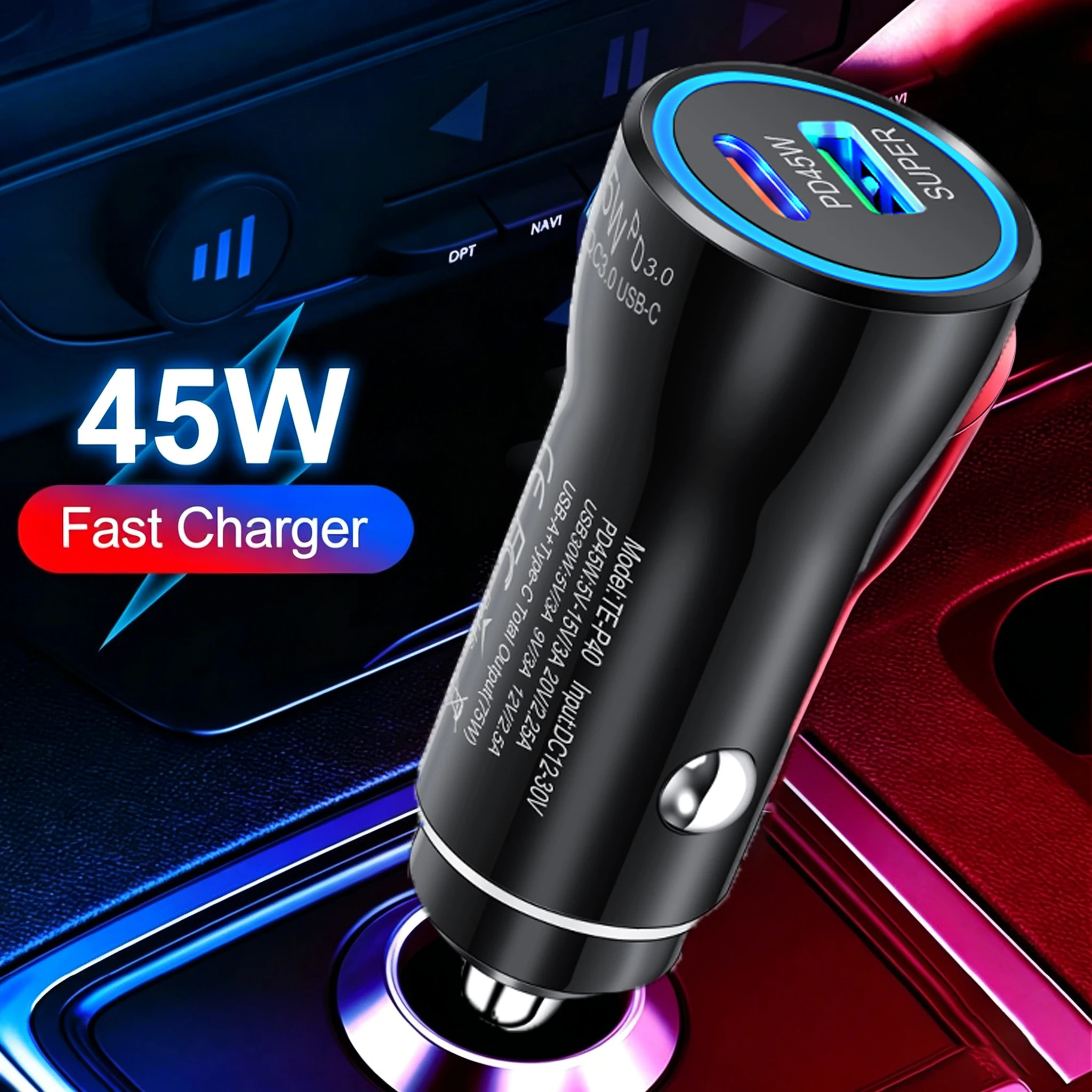 

QC3.0 45W Car Charger USB Type C Dual Port Fast Charging Car Power Adapter Universal Phone For Samsung For iPhone Series ect.