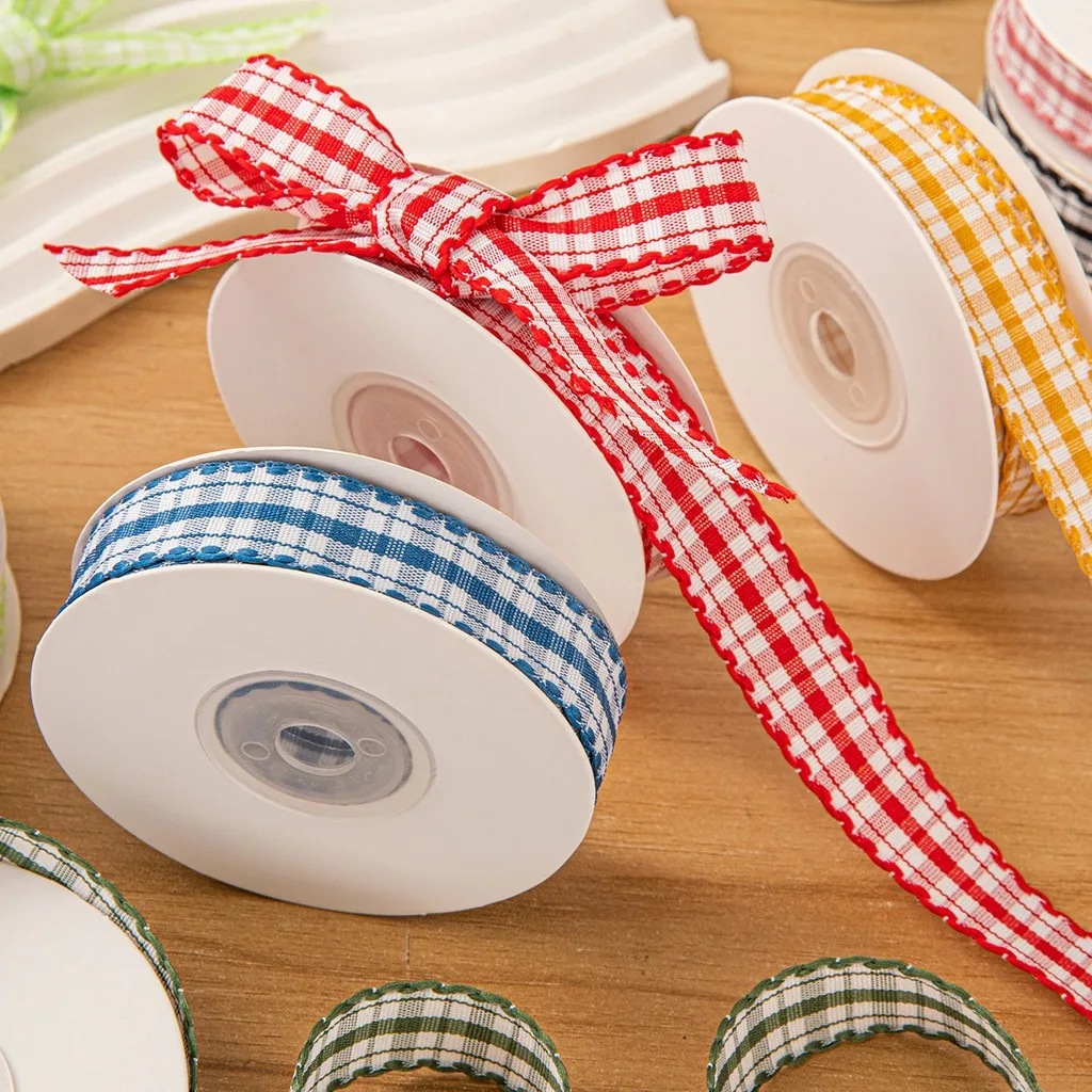  10 Yards Candy Color Woven Ribbon 2cm Width Scalloped Edge Gingham Check Polyester Ribbon for DIY Crafts Gift Wrapping